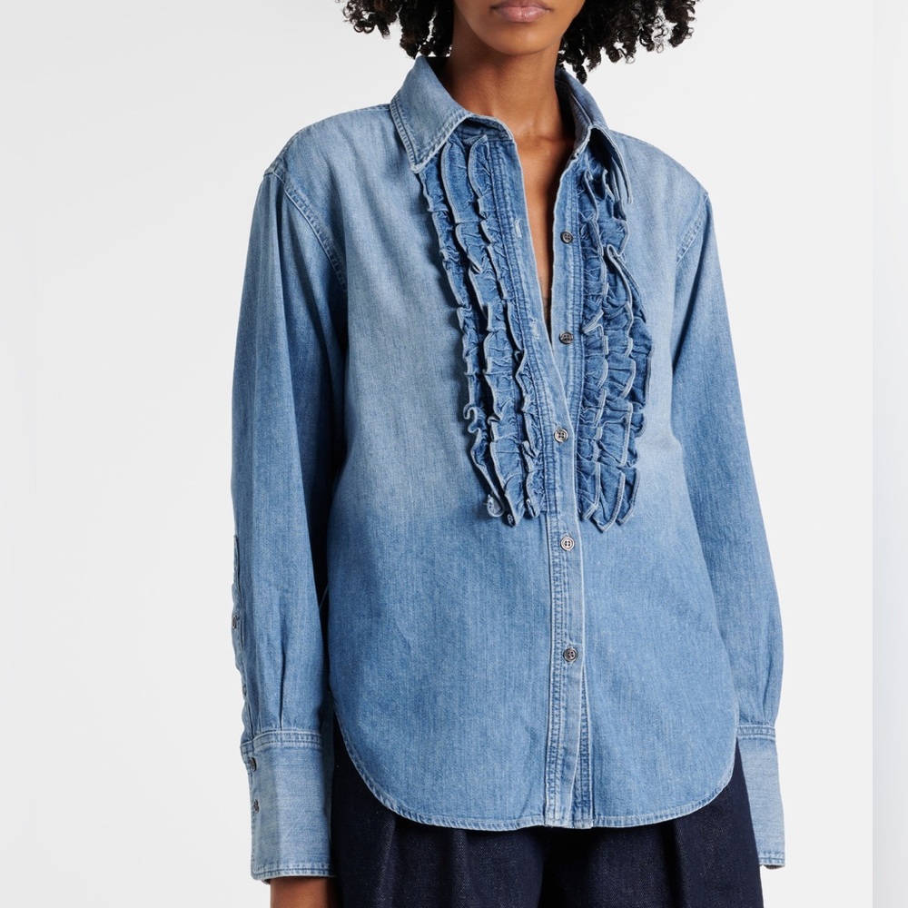 Citizens of Humanity Ruffled Tuxedo blouse button down shirt Japanese Denim M